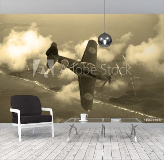 Bild på World War 2 era fighter plane Japnese aricraft N1K-J Shiden known as Geroge by the allies Flying over the pacific Island of Saipan Computer Image Artists impression